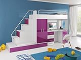 Hochbett mit Schreibtisch TOMI 5, Schrank, Treppe und Gästebett in Hochglanz (Weiß/Lila), 80 x 200...