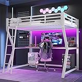 Hochbett mit Schreibtisch und Computerkonsolenablage 90x200 cm, Etagenbett Metallbett mit...