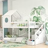 Baumhaus Kinderbett 90 x 200 mit 3 Treppe & Schubladen, Hochbett für 2 Kinder mit Rausfallschutz,...