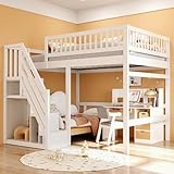Etagenbett 140x200, Kinderbett Hochbett mit Treppe und Aufbewahrungsschrank, Funktionsbett...
