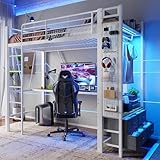Merax Hochbett 90x200 mit Schreibtisch & LED Stabile Metallbett Jugendbett mit USB Steckdose,...