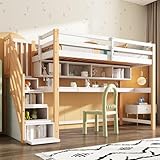 Merax Etagenbett 90x200cm mit großen Schreibtisch und Regale, Kinderbett mit Sicherheitsleiter,...