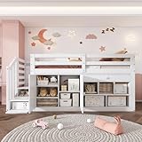 Kinderbett 90x200 Einzelbett, Hochbett mit Stauschrank, Schreibtisch und Treppe, Regal & Schubladen...