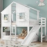 Kinderbett Etagenbett 90x200, Hochbett Hausbett mit Rutsche&Leiter&Fenstern&Dach&Aufbewahrungsbox,...