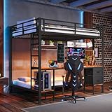 Merax Hochbett mit Schreibtisch 90x200 & 140x200 cm Etagenbett mit LED-Beleuchtung,...