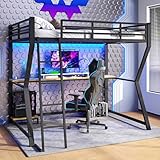 Merax Hochbett mit Schreibtisch 90x200 cm, Kinderbett Stockbett mit fernbedienbarem Ambientelicht,...